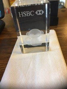 Vintage HSBC Bank Monkey Advertising Glass Crystal Paperweight w/ original box