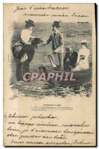 Postcard Old Woman Walk Sea Boat