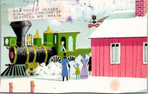 Train Winter Scene Children Pink Building c1981 Postcard E31 *As Is