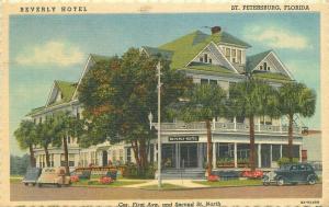 Autos Beverly Hotel St Petersburg Florida 1947 Postcard roadside Teich 1645