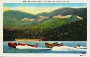 An Exciting Race Speed Boats On A Mountain Lake Linen Postcard C101