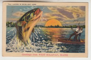 P2414,1940  large bass bigger then boat and 2 men greetings west sullivan maine