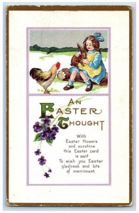 Easter Postcard Little Girl With Bunny Rabbit Chicken Hen Flowers 1936 Vintage