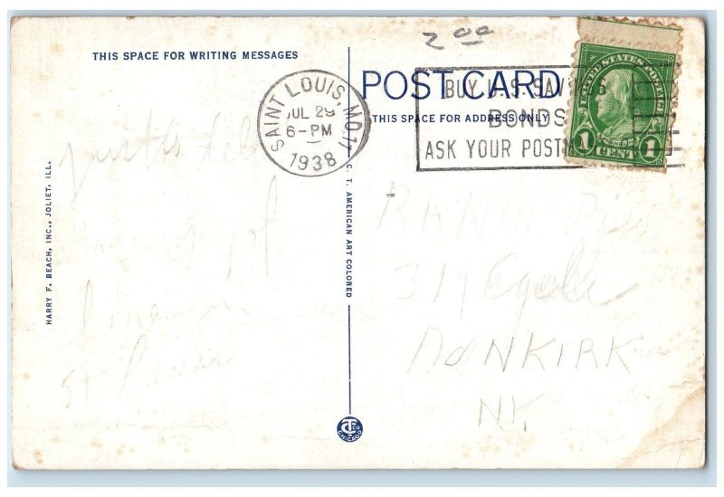 1938 Public Library Building Facade Tower Monument Joliet Illinois IL Postcard