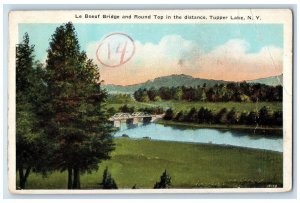 c1920's Le Boeuf Bridge and Round Top in the Distance, Tupper Lake NY Postcard 