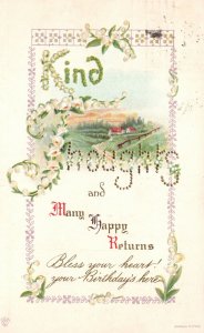 Vintage Postcard 1914 Kind Thoughts Many Happy Returns Bordered White Petals