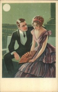 Art Deco Beautiful Woman Handsome Man Moonlight Romance A/S Postcard #4