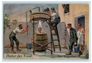 1914-18 WWI German Comical Barrel Shower on The Front Soldiers Propaganda P19