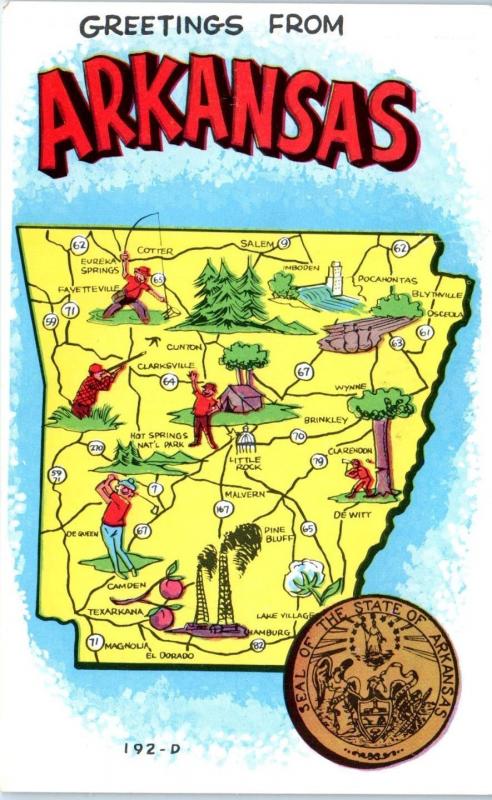 ARKANSAS  PICTORIAL  MAP   Postcard  Circa 1950s or 60s State Seal