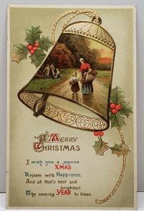 Merry Christmas Gold Gilded Picturesque Bell German Postcard G13