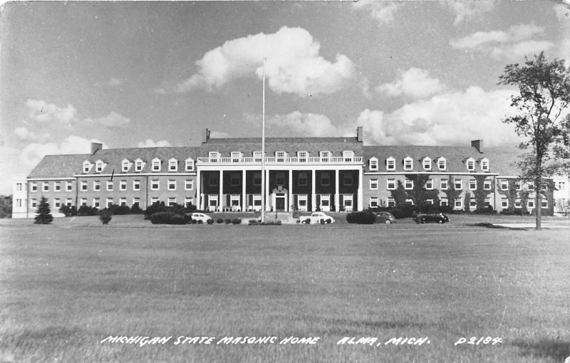 Alma Michigan State Masonic Home~50s Cars Parked in Front~Real Photo~RPPC