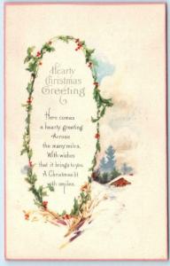 HEARTY CHRISTMAS GREETINGS  Holly Border Pretty Verse 1925 Red Border  Postcard