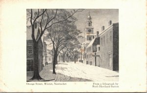 Vintage Postcard MA Nantucket Orange Street Clock Tower Winter Season 1945 H20