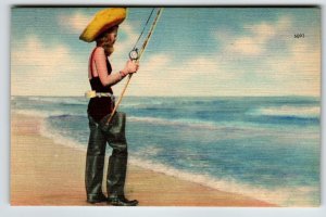 Women Fishing Linen Postcard Rubber Books Yellow Hat Ocean Beach Vintage Unused