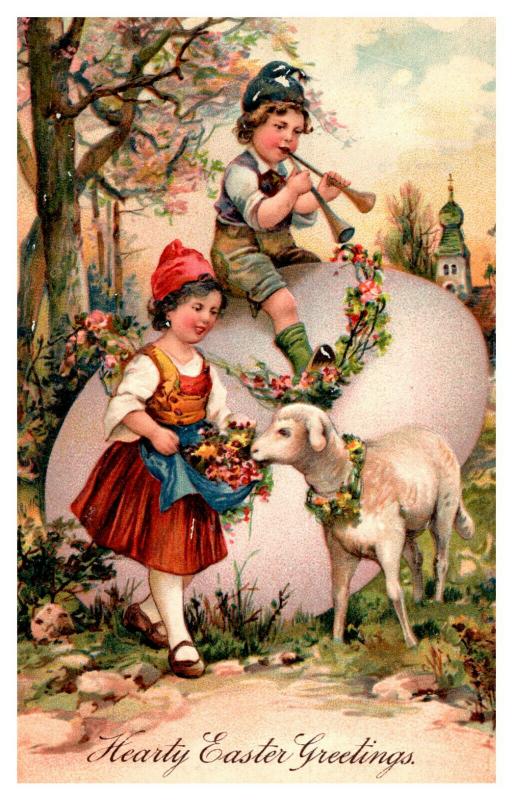 Easter , Giant egg , Farm Children, flowers ,  sheep