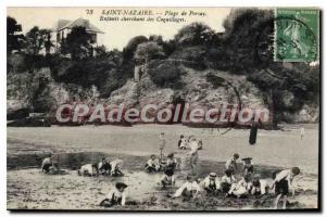 Postcard From Old St. Nazaire Porsay Beach children looking for shells