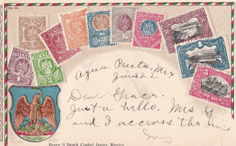 1909, Color Postcard: Mexico Stamp Reproductions, Used, P/M Prieto (PC252)