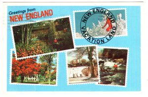 Greetings from New England Vacation, Used 1985, Stamps of Postcard