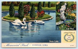 CLINTON, IA Iowa ~ Memorial Park SWAN LAKE  c1940s Linen Postcard