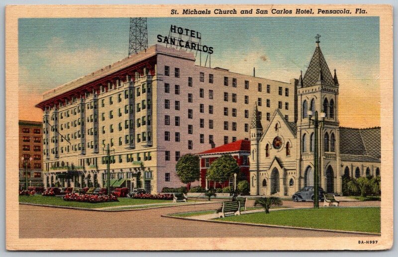 Pensacola Florida 1940s Postcard St. Michael's Church And San Carlos Hotel