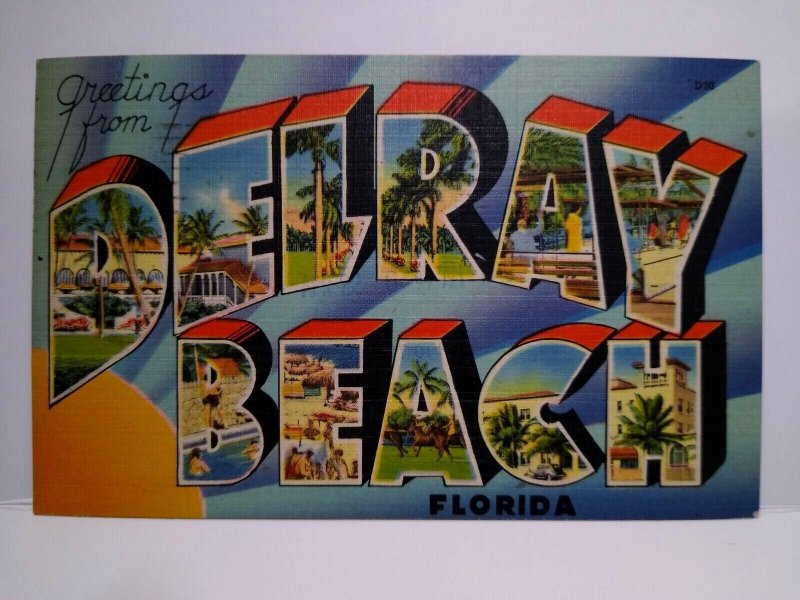 Greetings From Delray Beach Florida Large Big Letter Linen Postcard 1949 Rotary