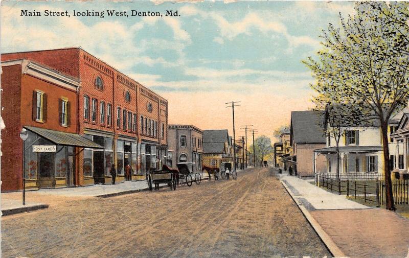 F5/ Denton Maryland Postcard 1914 Main Street West Store Post Cards Wagon