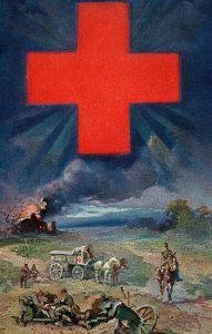 Circa 1915 German Postcard Bayer Red Cross, Combat Scene Wagon Giant Cross - P11