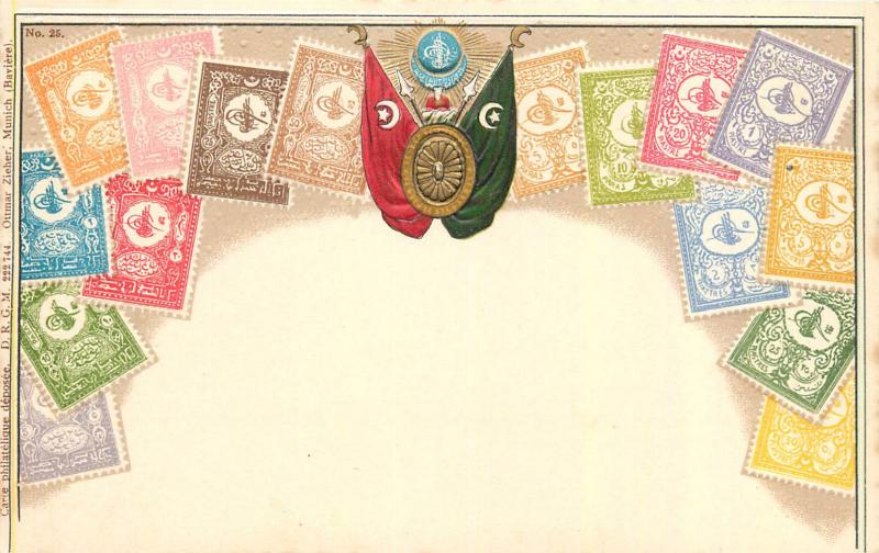 Stamps of Turkey coat of arms by Ottmar Zieher chromo litho postcard