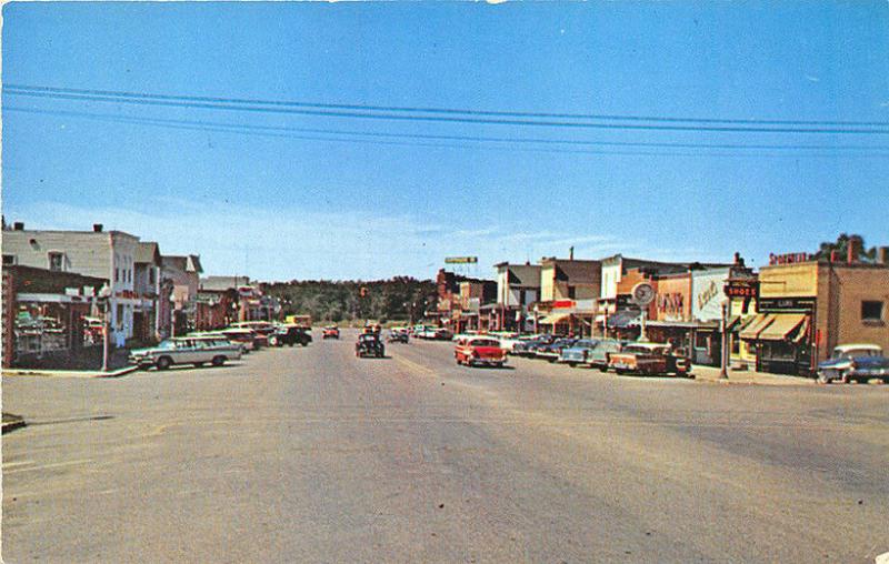 Grayling MI Street View Large Clock Store Fronts Old Cars Postcard