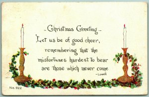 Candlesticks Holly Garland Christmas Greeting Lowell Poem Owen Co DB Postcard F7