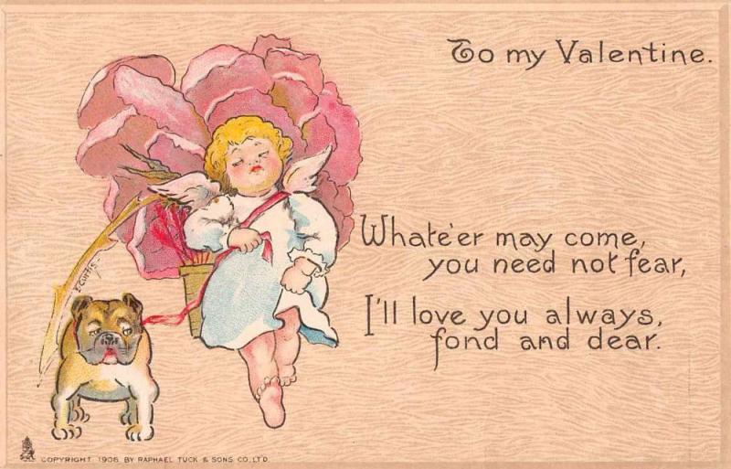 To My Valentine winged cherub with bull dog by Tuck Pub antique pc Z42665