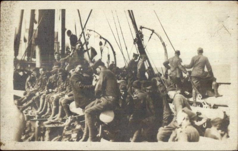 WWI Era Candid Image Soldiers Relaxing on Ship c1915 Real Photo Postcard