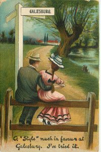 c1909 Postcard Couple Cuddles by Signpost Galesburg IL Style Much in Favor 2403