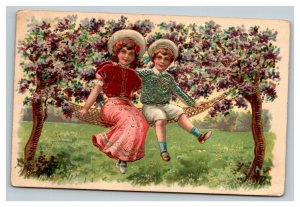 Vintage 1910's Greetings Postcard Cute Children Nice Metallic Colorful Clothing