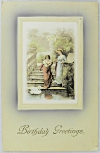 Two Women Greeted By Elegant White Swan - Birthday Greetings - Vintage Postcard