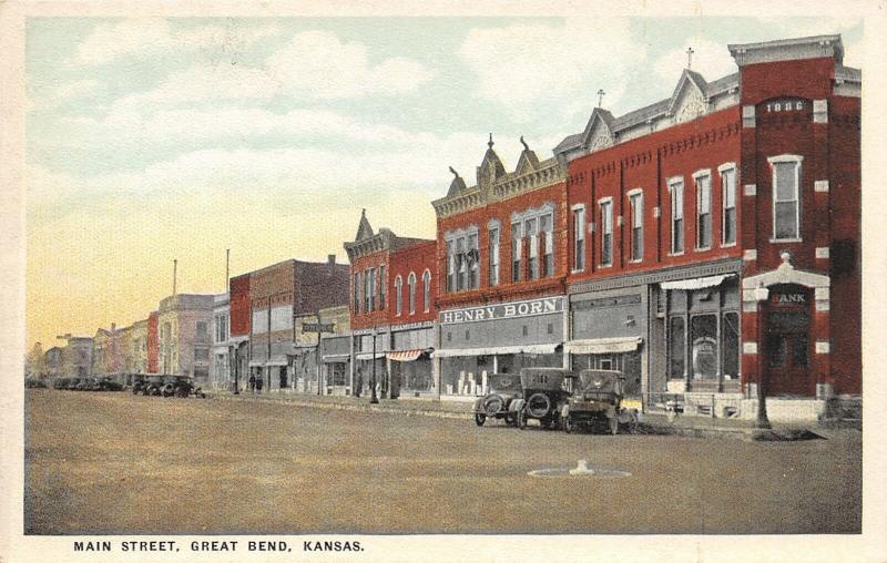 Great Bend Kansas~Main Street~Henry Born Store~Samuels Co~Bank~c1916 Postcard 