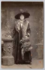 RPPC Fancy Edwardian Woman Outlandish Fur Coat Hand Muff Huge Hat Postcard F29