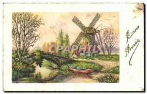 Postcard Old Mill Windmill Bonne Annee Fancy