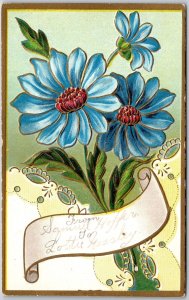 Blue-Petalled Flower Bouquet Greetings Wishes Card Posted Postcard