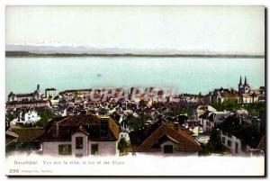 Switzerland Neuchatel Postcard Old City view the lake and the Alps