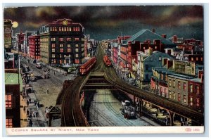 Cooper Square By Night New York NY, Railroad Train Clock Moonlight View Postcard