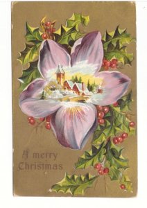 A Merry Christmas, Holly, Flower, Rural Scene, Vintage 1915 Embossed Postcard