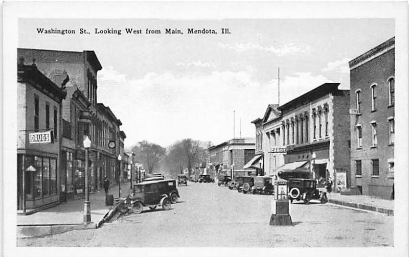 Mendota IL Washington Street Store Front's Old Cars Postcard