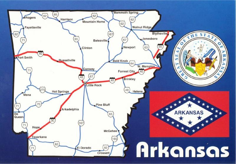 Postcard of Arkansas State and Highway Map #1 with Flag and Seal