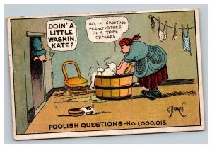 Vintage 1910 Comic Postcard Foolish Questions Woman Washing Clothes Man Watches