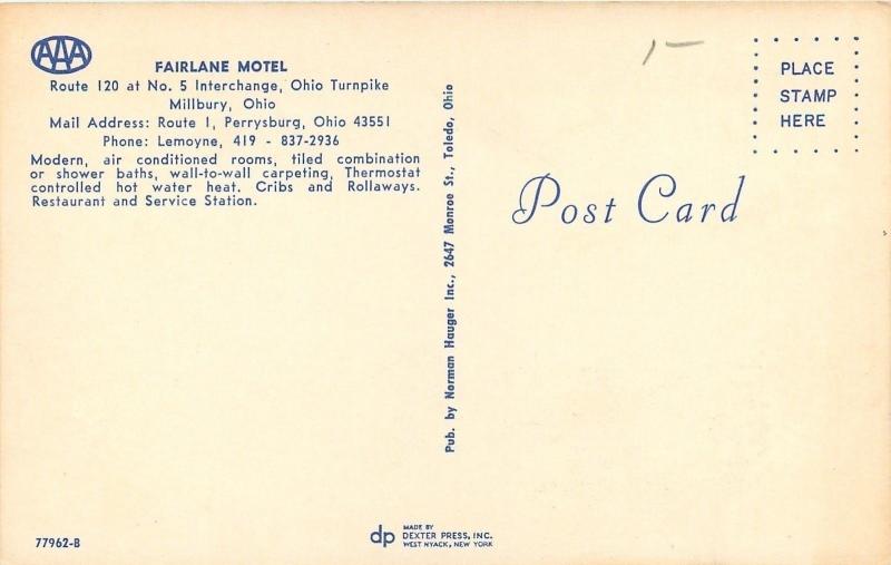 Millbury Ohio~Fairlane Motel~Route 120~Turnpike No 5~Nice 1950s Cars~Postcard