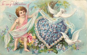 c1907 Embossed Valentine Postcard 643; Cupid & Doves w/ Wreath of Violets