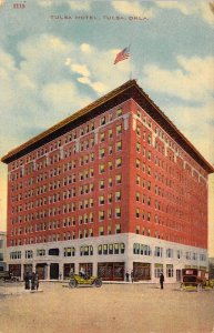 Beautiful Tulsa Hotel, Old Cars, Flag, Tulsa Oklahoma OK, Old Postcard