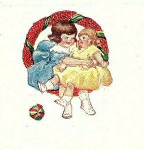1907-15 Christmas Wreath Postcard Vintage Cute Sisters Hugging Embossed Merry 
