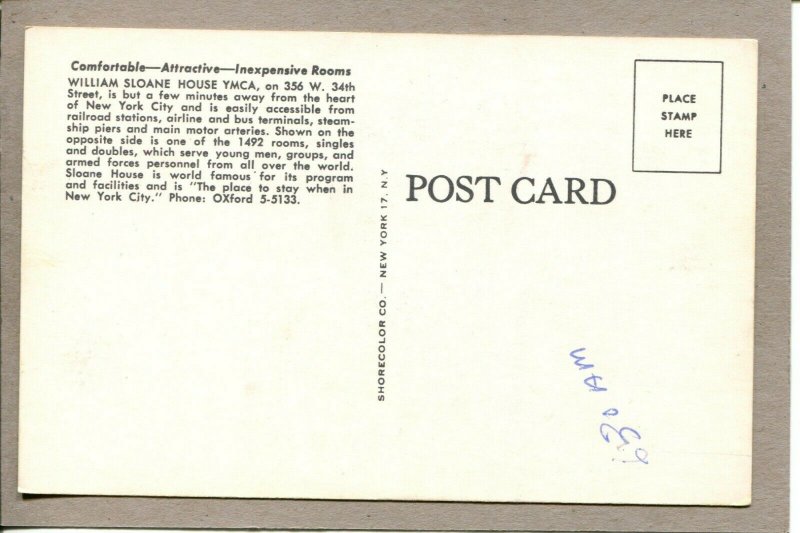 Postcard NY William Sloane House Y.M.C.A. Interior c1960's -510